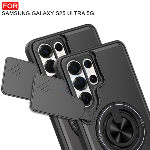 Image of AESTMO Samsung S25 Ultra 5G Back Cover | Armor Camera Slider 360 Degree Rotating Finger Ring Holder Case with Bracket Stand Back Case Cover (Compatible with MagSafe Accessories) (Black)