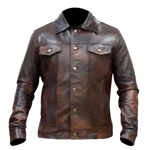 Image of Men's Genuine Leather Trucker Jacket Vintage Motorcycle Black Western Biker Slim Fit Trucker Jacket