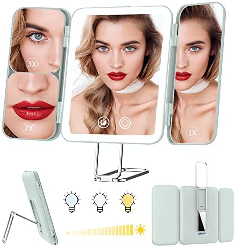 TOUCHFEEL Travel Makeup Mirror with Light, Rechargeable 1X/3X/7X Magnifying Lighted Vanity Mirror with 72 LED, Portable LED Makeup Mirror with 3 Color Lights and Touch Sensor Design(Grey)