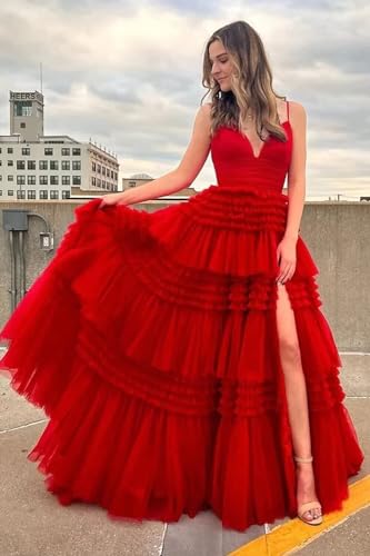 Tiered Tulle Prom Dresses for Women 2025 Glitter Ball Gown Long Formal Dress Evening Party Gowns with Slit - Image 4
