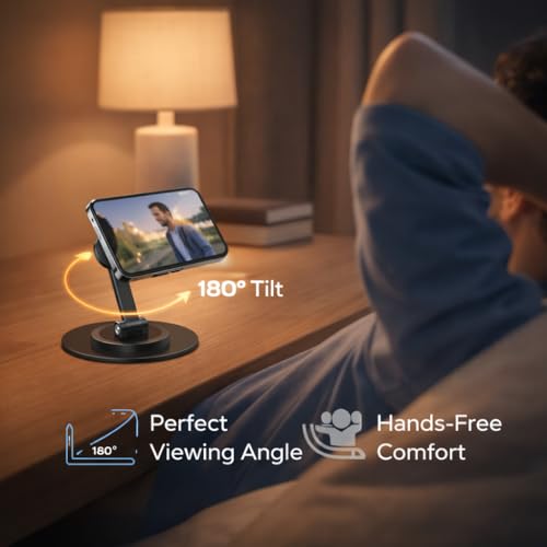 Image of Mizi Magnetic Phone Stand for MagSafe - Adjustable Height & 360 Rotating iPhone Desk Holder Compatible with iPhone 17 /16 /15 /14 /13 /12, Galaxy Series & MagSafe Cases - Black