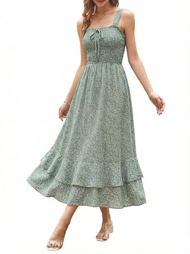 GRACE KARIN Women's 2025 Summer Floral Boho Dress Square Neck Strapped Swing A Line Sundress Beach Long Maxi OutfitsGreen S