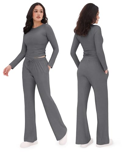 Image of ZOOSIXX Lounge Sets for Women - 2 Piece Outfits Crop Tops with Fold Over Flare Leggings Fall Loungewear Fitted Pajama