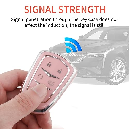 Image of Pangpai Pink Key Fob Cover for Cadillac, Soft TPU Key Case Protection with Bling Keychain Fit for Cadillac Escalade CTS SRX XT5 ATS CT6 5 Buttons Smart Key Case