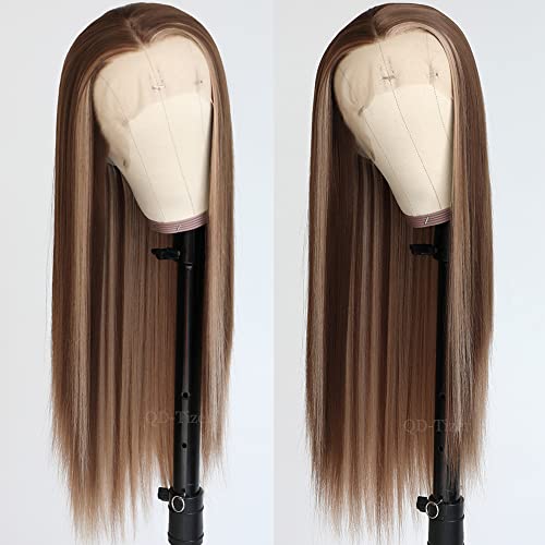QD-Tizer Peruca de cabelo castanho com laço frontal loiro realces peruca longa reta resistente ao ca