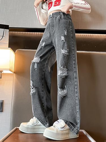 Linjinx Kids Girls Vintage Ripped Jeans Youth Loose Fit Straight Denim Pants Elastic Waist Trousers School Wear3