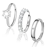 3Pcs Rings, 925 Sterling Silver Ring Set, Stackable Silver Rings for Women, Hypoallergenic, Adjustable Ring with 1 Carat Diamond and Small Diamond, Elegant Jewellery Gift for Birthday Christmas