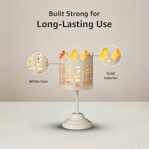 Image of Amazon Brand - Solimo Tea Light Votive Stand - House Design, White Iron with Gold Interior, Set of 4 (Size: L-6 cm x W-6 cm x H-13 cm)
