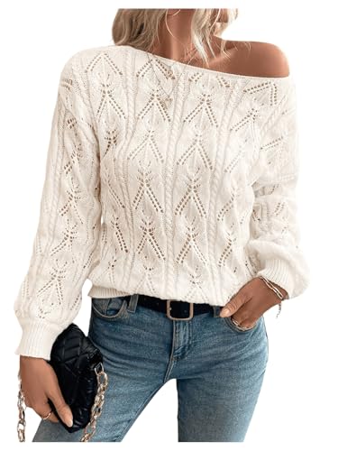 Image of SOLY HUX Women's Off The Shoulder Sweater Hollow Out Knit Boat Neck Long Sleeve Pullover Fall Tops Pure Beige Small