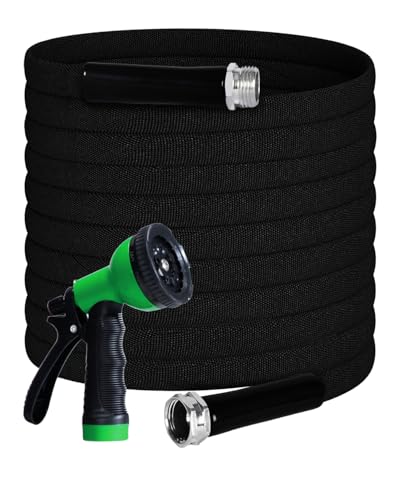 DTRK Garden Hose 5/8 in. x 100 FT Durable Water Hoses with 7 Function Hose Nozzle, Lightweight Kink-Free Flexible Garden Hoses, Extra Strength Fabric Yard Hose for Watering Cleaning（Black）