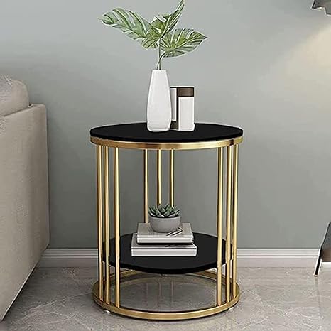 Image of Crown Art Round End Table with Storage Shelf, Side Table for Small Space, Easy Assembly, Accent Furniture with Metal Frame (Golden and Black)