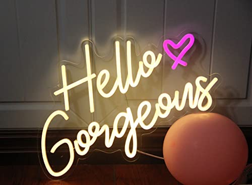 Image of DAKABUKA Hello Gorgeous Neon Sign Hello Beautiful Warm White LED Neon Lights for Home Wedding Birthday Backdrop Bacelorette Party Wth Dimmable Switch(5V,16.5X10.6inches)