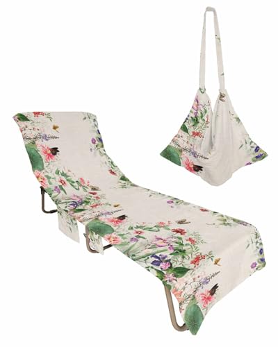 Spring Floral Beach Lounge Chair Towel Cover, Soft Chaise Lounge Towel with Side Pockets Patio Pool Chairs Cover for Beach/Pool Sunbathing 29x85 Watercolor Elegant Botanical Butterfly Rustic