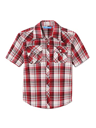 CHEERBOY Boys Toddler Kids Casual Short Sleeve Western Pearl Snap Button Plaid Shirt 4-16 Years (#27 Red Plaid 4)