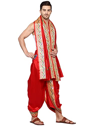 Image of Rameshwaram Fabrics Readymade Dhoti for Men, Velcro Style Stitched Mens Silk Dhoti Pant with Stole Set