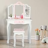 LEADZM Schminktisch Kinder mit Hocker Frisiertisch Kinderschminktisch für Mädchen Frisierkommode mit Schublade mit Zwei 180°-Klappspiegeln für 3-9 Jahren (Weiß & Rosa)