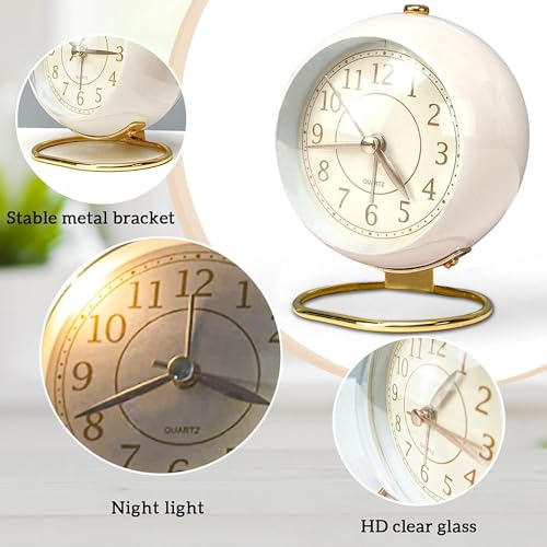 Image of Alarm Clock Analog Table Clock with Twin Bell Design and Numbered Dial, Desktop Timepiece (Retro Metal Desk Clock White)
