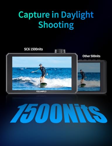 Image of FEELWORLD SC6 6 inch 1500nit 3G SDI Aluminum On Camera Field DSLR Monitor, Touchscreen Support HDMI 4K60 Custom 3D LUT, Waveform for Outdoor Professional Video Photography with F750 Battery and Bag