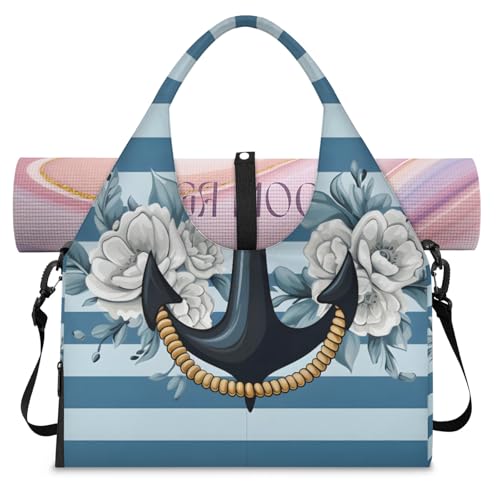 Yoga Tote Bag for Women Anchor Flower Beach Bag with Shoe Storage & Yoga Mat Strap Waterproof Weekender Duffle Bag for Travel Fitness Weekend Trips