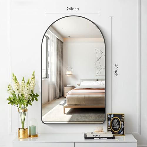 Image of FORBATH Large Arched Wall Mirror 40x24 Inch, Black Arch Bathroom Mirror with Aluminum Frame, Arched Mirror for Dresser, Fireplace,Entryway,Home Decor,Hanging or Leaning Against Wall