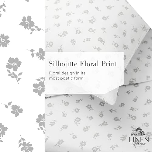 Image of Linen Home 100% Cotton Printed Percale Sheet Set Queen Size, 4 Piece Deep Pocket Floral Bedding, Crisp Cool & Breathable, Fade-Resistant Design, Hotel Luxury, Long-Staple Cotton, Grey Silhouette