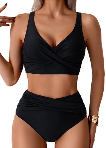 Sangdut Badeanzug Damen Set Push up High Waist Sexy Triangel Breites Unterbrustband Mit Cups Zweiteiliger Badeanzug Swimsuits(Schwarz,L)