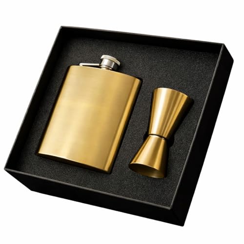 Image of Hip Flask with Peg Messurer Wine Flask Gift Set for Men & Women Stainless Steel (60ML+30ML Peg Messurer + Whiskey Flask) (Golden)