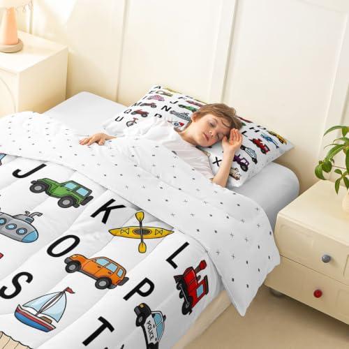 Image of Feelyou Excavator Kids Comforter Fire Truck Police Car Boys Comforter Set Helicopter Motorcycle Ambulance Toddler Bedding Set Alphabet Vehicle Cars Quilt Set Decor with 1 Pillowcase 2Pcs Bedding Twin