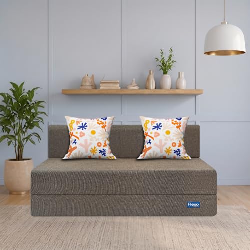 Image of Starlon 2 Seater Sofa Cum Bed Foldable 3-in-1 Sofa Bed with 1 Year Warranty, Washable Jute Fabric Cover & 2 Floral Pillows | Guest Bed | Coffee Brown 5x6 Ft