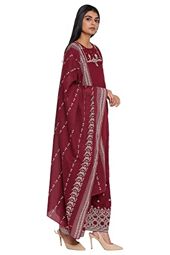 Image of Wishful By W Women Maroon Solid Straight Kurta-Parallel Pants-Dupatta Set