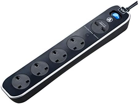 Masterplug SRGLSU42PB-MP Four Socket Switched Inline Power Surge Protected Extension Lead with Two USB Charging Ports, 2 Metres, Gloss Black