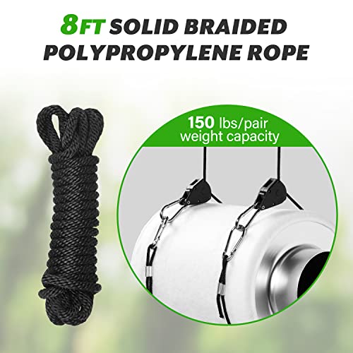 Healsmart 1/8 Inch Adjustable Grow Light Hangers 1-Pair 8Ft Long Heavy Duty Rope Ratchet For Grow Tent & Gardening, 150Lbs Weight Capacity, Black #TOP2