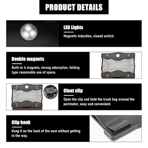 Image of Hanging Car Trash Bag, Foldable Magnetic Garbage Can with Smart LED for Front Back Seat, Multi-Functional Waterproof Leather Rubbish Bag Storage Pocket, Car Accessories (Brown)