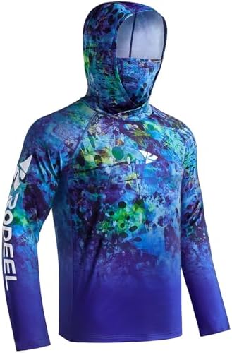 Rodeel UPF 50+ Men’s Long Sleeve Performance Fishing Hiking Shirt with Mask UV Neck Gaiter Hoodie