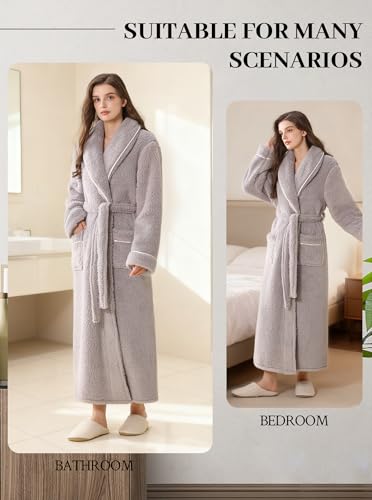 Image of Women Long Plush Fleece Bath Robe | Soft loungewear housecoat, comfy sleepwear for home, suitable as ladies pajamas and nightgown