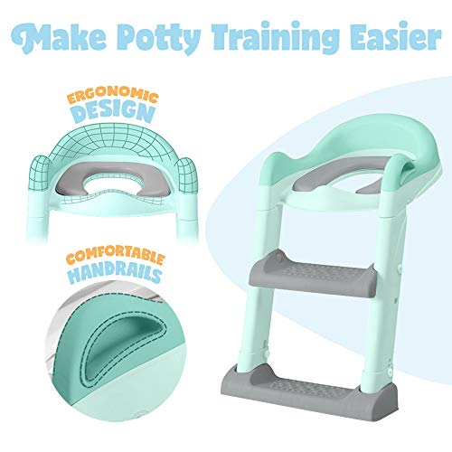 Potty Training Seat with Adjustable Ladder, Kid’s Ladder Toilet PU Seat with Non-Slip Step Stool Ladder, Potty Training Ladder, Potty Chair, Green - Thumbnail 2