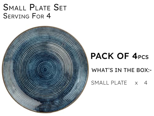 Image of Reactive Handpainted Premium Ceramic 4 Small Plates | Quarter Plates | Stoneware | Microwave and Dishwasher Safe | Pack of 4 | Reactive Blue