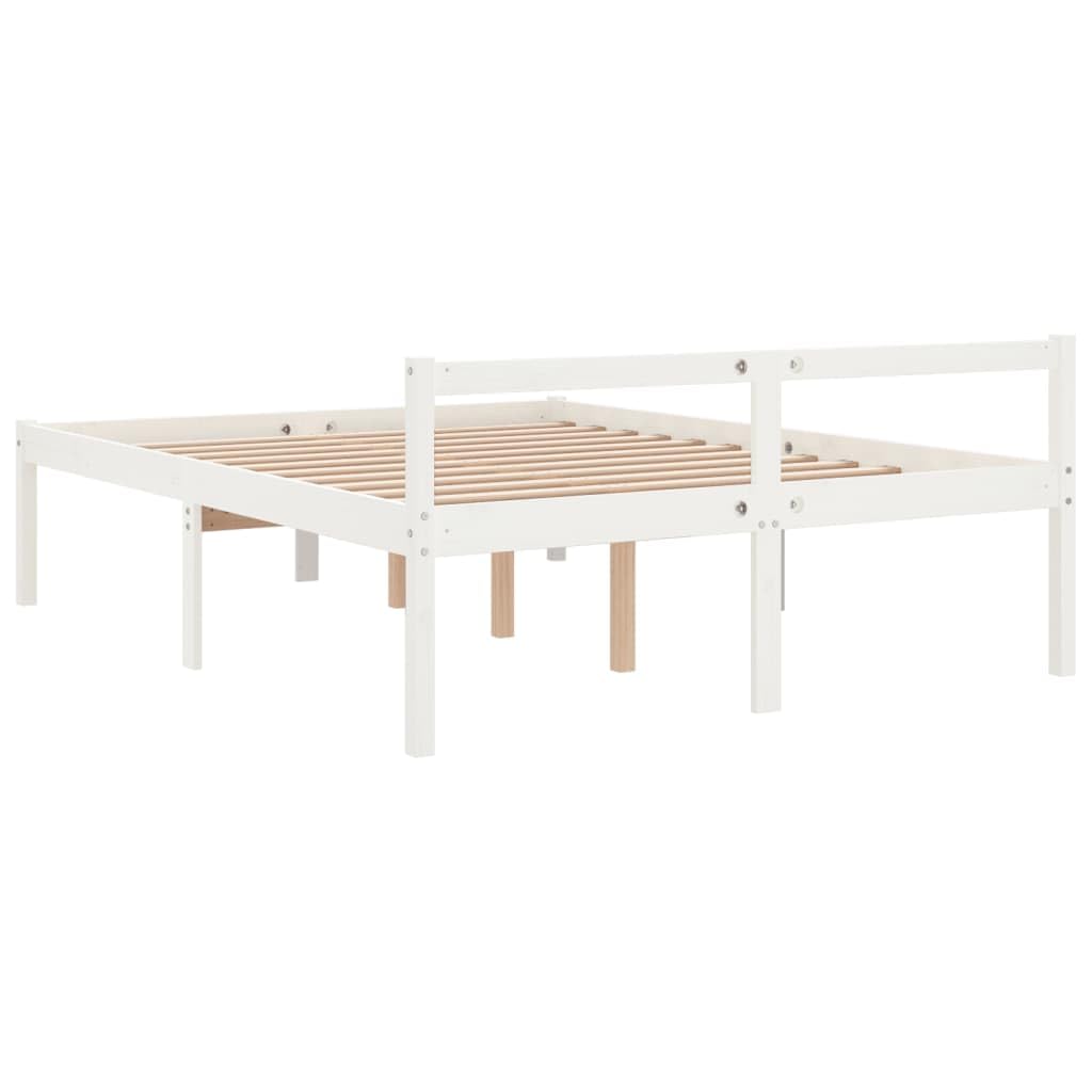 Seniorenbett Weiß 150x200 cm Massivholz Kiefer mit Lattenrost, Kopfteil und Stauraum, Robustes Bettgestell, seniorengerecht, komfortabel für Schlafzimmer