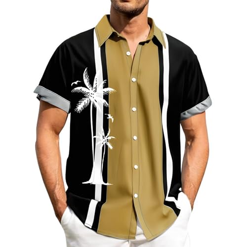 Camisa estampada para hombre, manga corta, casual, con patrón de celebración, cómoda, transpirable, para fiestas, eventos de vacaciones, amarillo, L