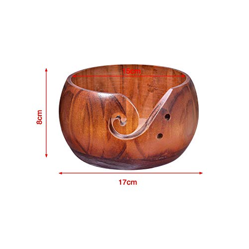 Image of Wooden Crafted Yarn Ball Storage Bowl with Carved Holes and Drills Holes Wooden Yarn Bowl for Crocheting Knitting Accessories DIY Crafts (C)