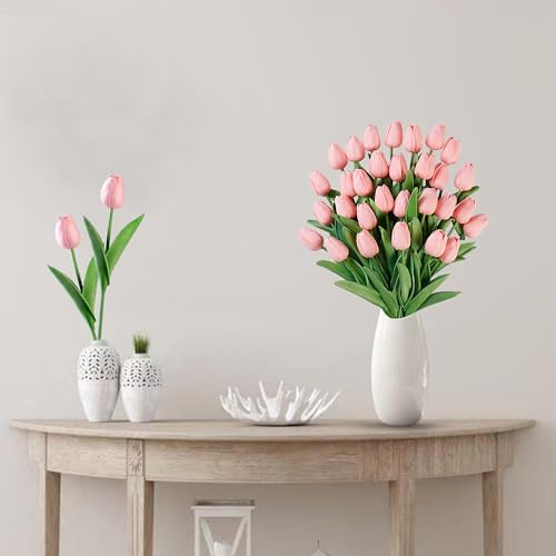 Image of Sggvecsy 30 Pcs Fake Tulips Artificial Flowers Real Touch PU Faux Flowers Tulip Stems for Wedding Spring Bouquet Floral Arrangement Home Party Office Decorations for Mother's Day (Milk Pink)