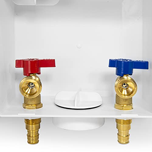 Efield Washing Machine Outlet Box With Center Drain With Brass 1/4 Turn Valves Installed, 1/2" Pex-A F1960 Expansion Fitting Connection X 3/4" Mht Connection, White (Regular) #TOP2