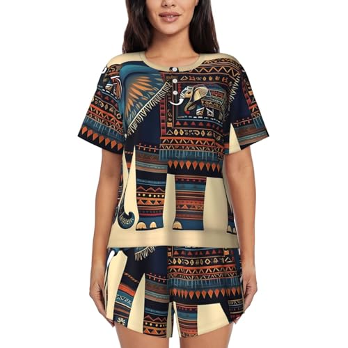 Pyjama deux pièces éléphant aztèque pour femme avec haut col rond et short doux