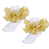 Dicry Girls Socks Double Lace Frilly Ruffle Ripple Turn Cuff (Gold, 6-12 Months)