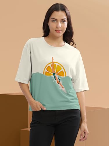 Image of HELLCAT Beige Printed Loose Fit Crew-Neck Crop T-Shirt for Women