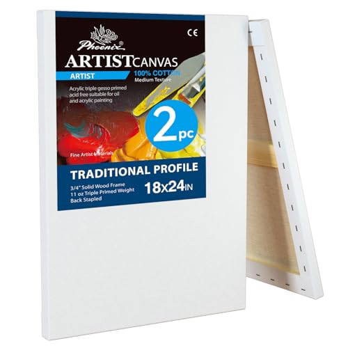 PHOENIX 18x24 Inch 2 Pack Artist Canvas - Large Stretched Canvases for Painting - 3/4 Inch Profile 100% Cotton 11 Oz. Gesso Primed White Blank Professional Canvas Oil & Acrylic Paints