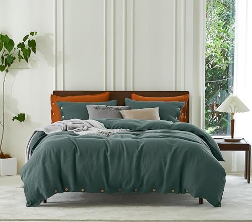 EVERLY 100% Pure Linen Duvet Cover Set Oversized King120X98Inch 3pcs (1 Duvet Cover,2 Pillowcases) Soft and Breathable for All Season with Coconut Button Closure, Suitable for Hot Sleepers-Aqua