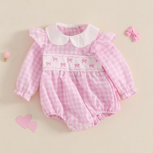 Adobabirl Infant Baby Girl Outfit Newborn Bow Bubble Romper Long Sleeve Embroidery Jumpsuit Cute Smocked Clothes3