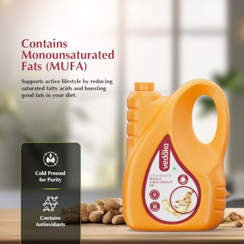 Image of Amazon Brand - Vedaka Cold Pressed Groundnut (Peanut) Oil | 5 L | Cooking Oil | Pure & Unrefined | Contains MUFA & Omega -6 | Contains Antioxidants | Rich Aroma & Flavour Of Groundnuts