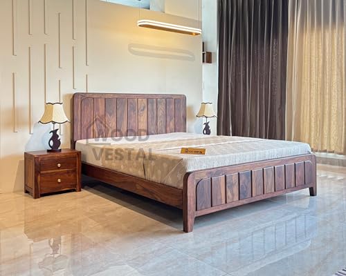 Image of Wood Vestal Sheesham Wood Bed with Vertical Slat Head & Foot, Solid Wood in Natural Finish, Modern Design | Queen Size - (78 inchx60 inch) | Without Mattress & Side Tables | Low Highted | VG - 5' - N